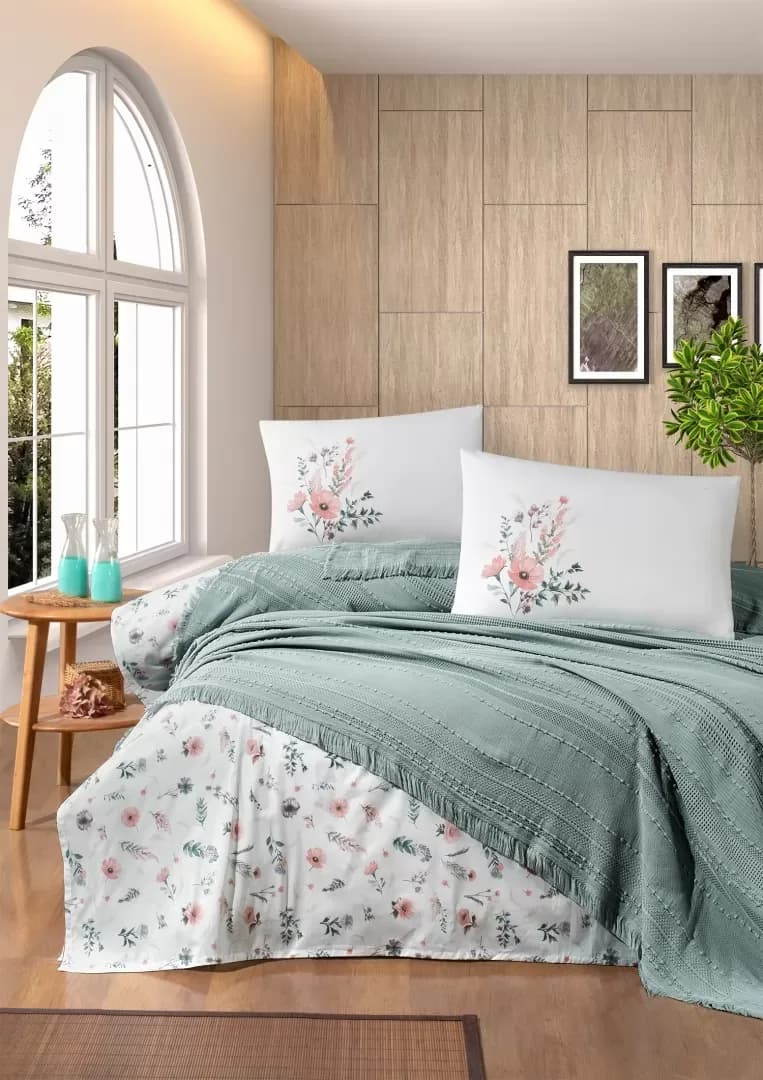 Класичний Прованс — плед-піке з декоративною бахромою Sole Pique Daily Turquoise